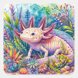 Axolotl Botanical Watercolor Art Square Sticker