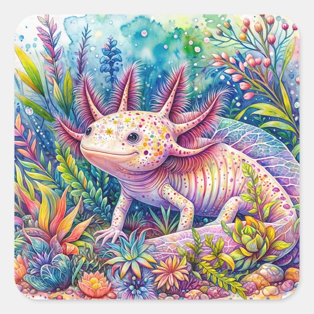 Axolotl Botanical Watercolor Art Square Sticker (Front)