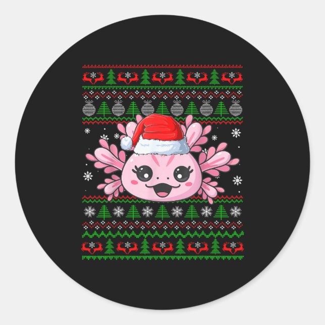 Axolotl Christmas Ugly Sweater Santa Axolotl Head  Classic Round Sticker (Front)