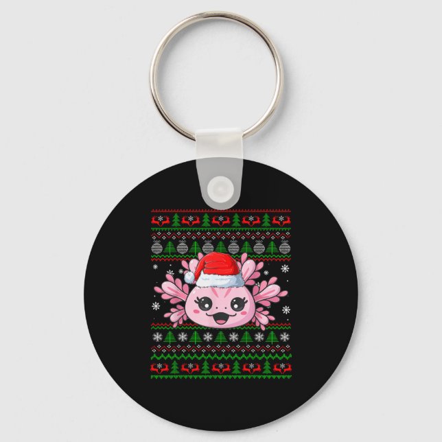 Axolotl Christmas Ugly Sweater Santa Axolotl Head  Keychain (Front)
