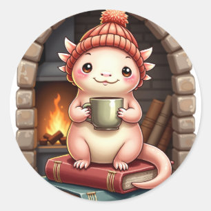 Axolotl Coffee Addict Kawaii - Cozy Reading Nook D Classic Round Sticker