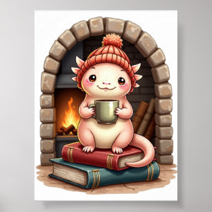 Axolotl Coffee Addict Kawaii - Cozy Reading Nook D Poster