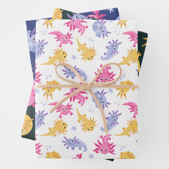 Axolotl Colourful Cartoon Wrapping Paper Sheet (In situ)