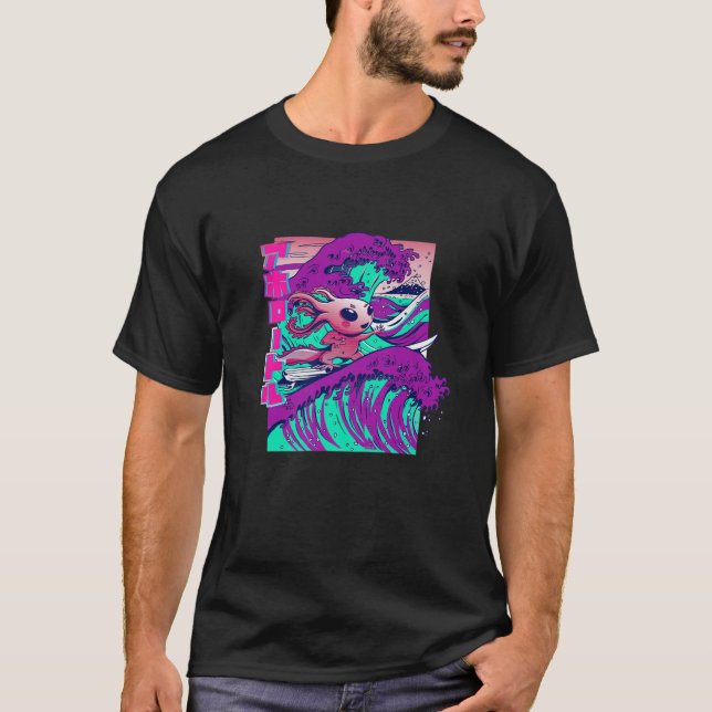 Axolotl, Cute Funny Surfing Axolotl, Kanji Waves T-Shirt (Front)