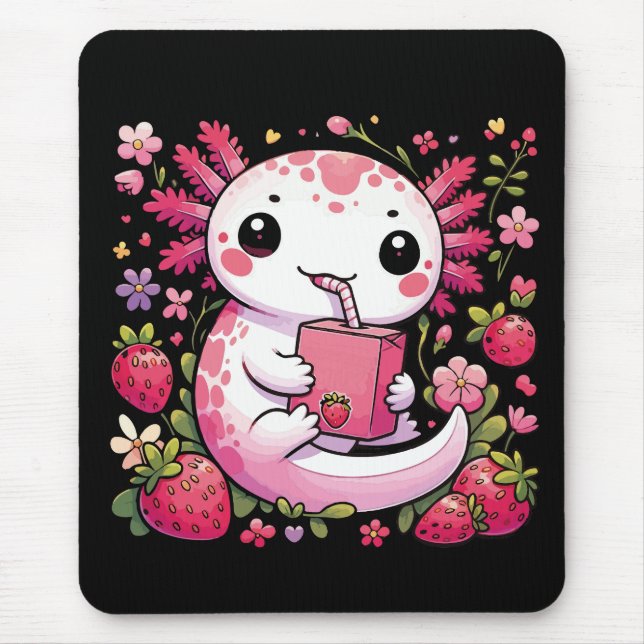 Axolotl Drinking Japanese Strawberry Milk  Mouse Pad (Front)