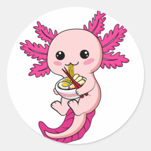 Axolotl Eating Ramen Noodles Kawaii Anime Classic  Round Sticker