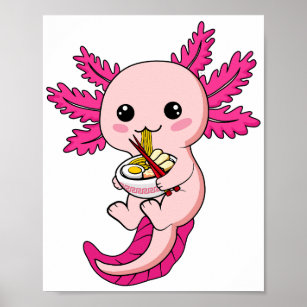 Axolotl Eating Ramen Noodles Kawaii Anime Poster
