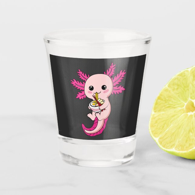 Axolotl Eating Ramen Noodles Kawaii Anime Shot Glass (Front)