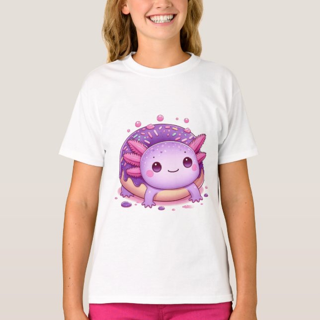 Axolotl eats purple doughnuts. T-Shirt (Front)