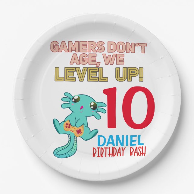 Axolotl Gamer Birthday Boy Video Game Party  Paper Plate (Front)