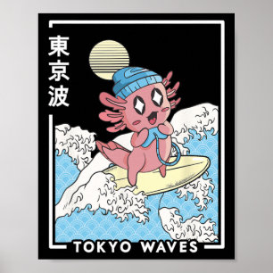 Axolotl Gaming Surfing Japanese Waves Kids Kawaii Poster
