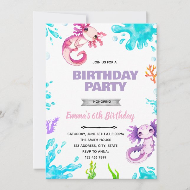 Axolotl girl birthday invitation (Front)