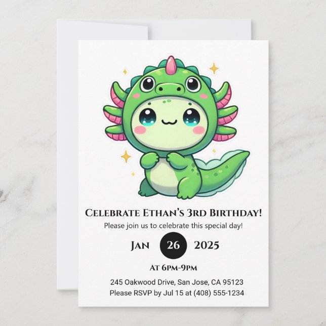 Axolotl in Dragon Hat Birthday Invitation (Front)