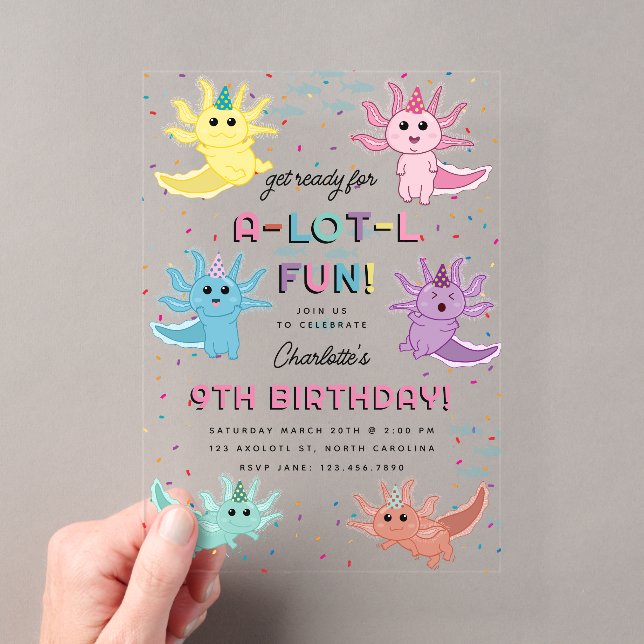 Axolotl Kids Cute Salamander Birthday Party Acrylic Invitations (Insitu (Handheld))