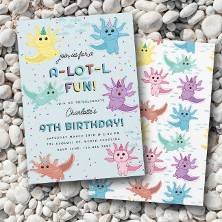 Axolotl Kids Cute Salamander Blue Birthday Party Invitation