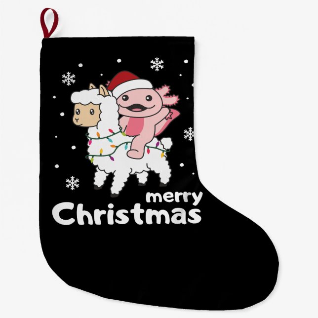 Axolotl Llama Alpaca Merry Christmas Animals Large Christmas Stocking (Front)