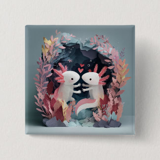 Axolotl love paper cut shadowbox diorama 2 inch square button