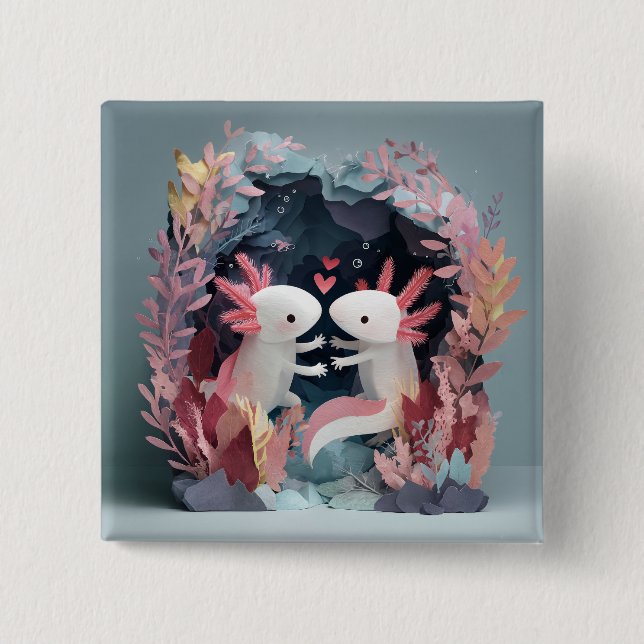 Axolotl love paper cut shadowbox diorama 2 inch square button (Front)