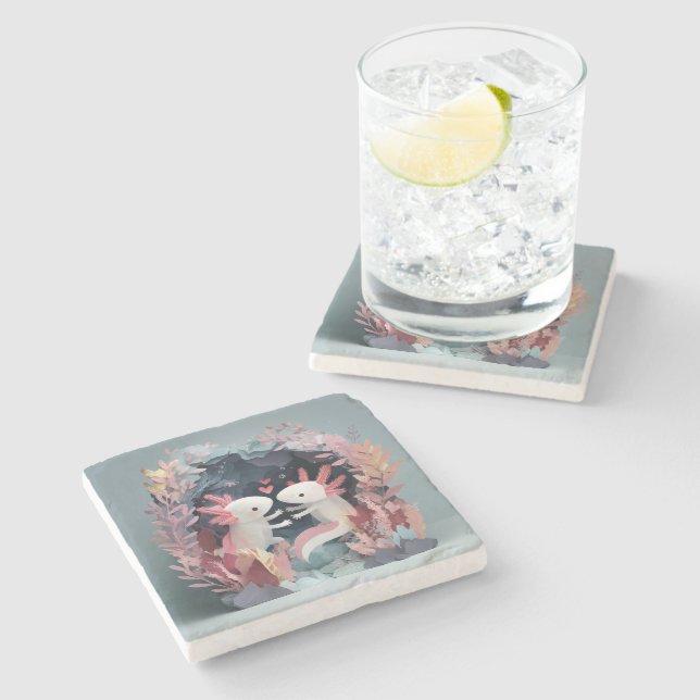 Axolotl love paper cut shadowbox diorama stone coaster (Side)