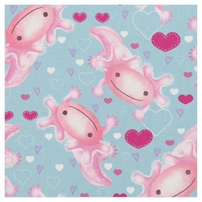 Axolotl Love pink and blue  Fabric (Close Up)