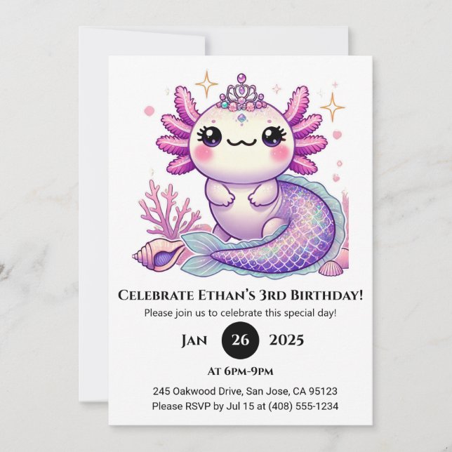 Axolotl Mermaid Princess Birthday Invitation (Front)