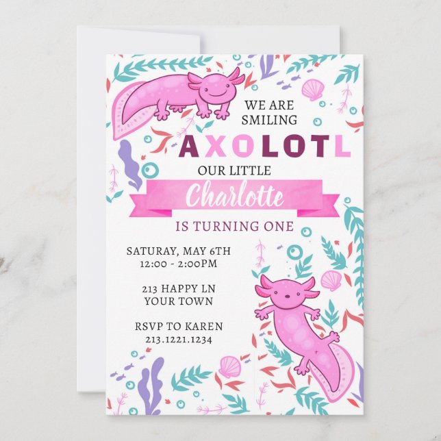 Axolotl Pink Birthday Invite (Front)