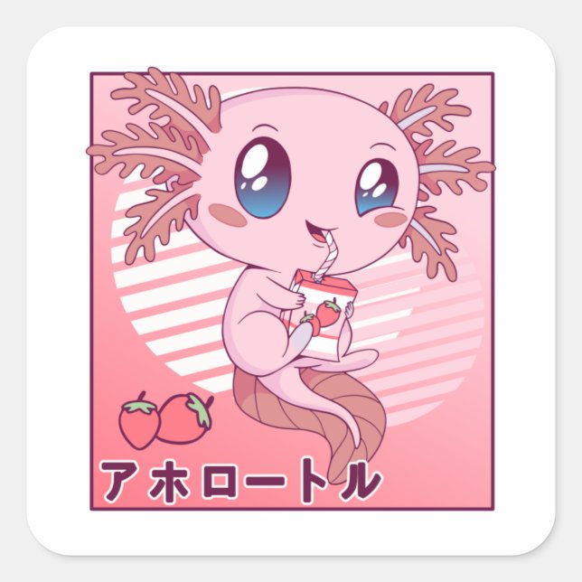 Axolotl Strawberry Milk Retro Kawaii Japan Axolotl Square Sticker (Front)