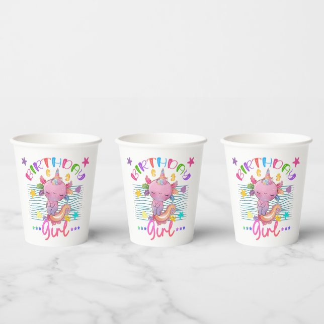 Axolotl Unicorn Birthday Girl Party Theme Colourfu Paper Cups (Multi)