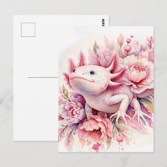 Axolotl Watercolor Pink Floral Postcard (Front/Back)