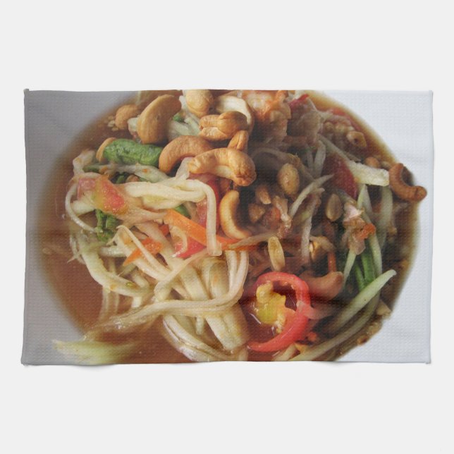 Ayutthaya Spicy Papaya Salad [Som Tam] with Cashew Kitchen Towel (Horizontal)