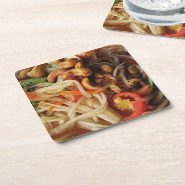 Ayutthaya Spicy Papaya Salad [Som Tam] with Cashew Square Paper Coaster (Angled)
