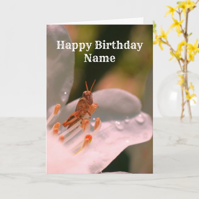 Azalea And Grasshopper Personalized Birthday Card (Yellow Flower)