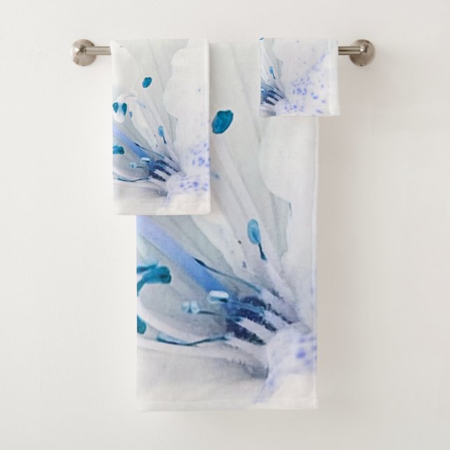 *~*  Azalea Art Painting Flowers White Teal Blue Bath Towel Set (Insitu)