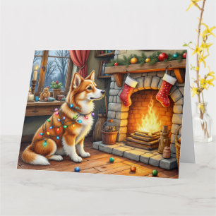 Azawakh Sitting by Fireplace with Christmas Lights Card