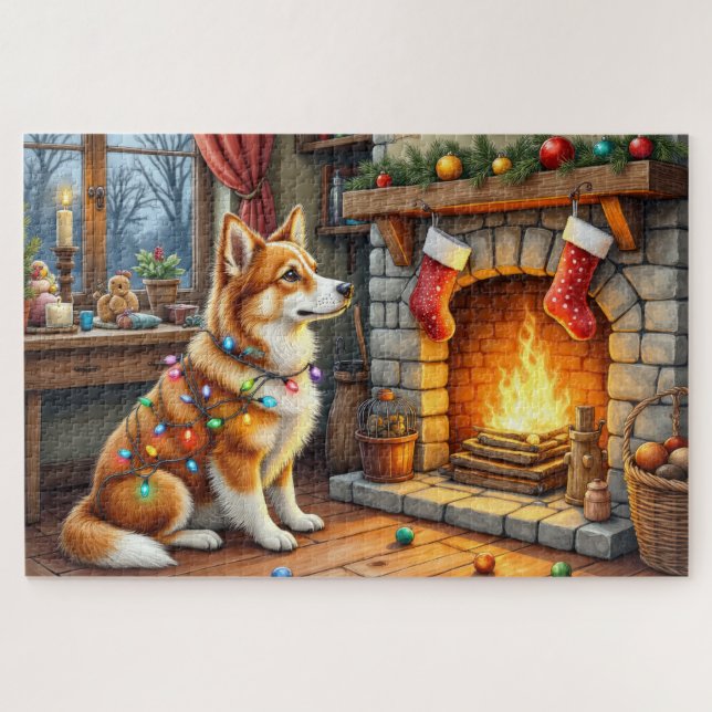 Azawakh Sitting by Fireplace with Christmas Lights Jigsaw Puzzle (Horizontal)