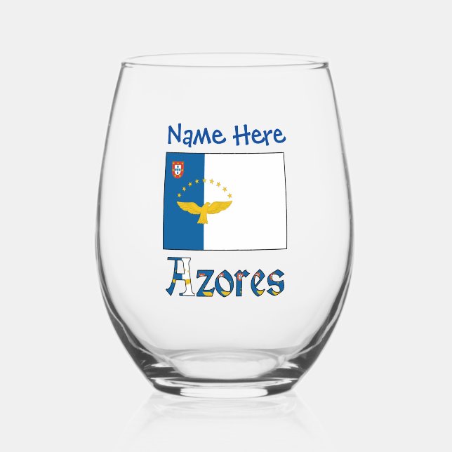 Azores Azorean Flag Blue Personalized Name Stemless Wine Glass (Front)