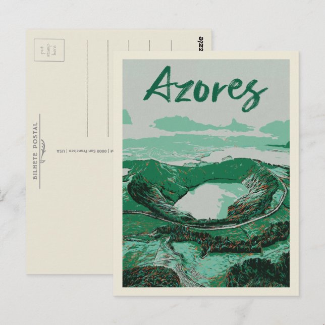 Azores islands Volcanic Lakes Illustration Postcard (Front/Back)