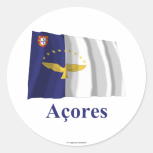 Azores Waving Flag with Name in Portuguese Classic Round Sticker
