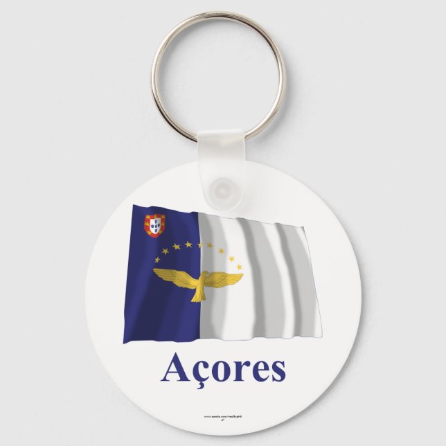 Azores Waving Flag with Name in Portuguese Keychain (Front)