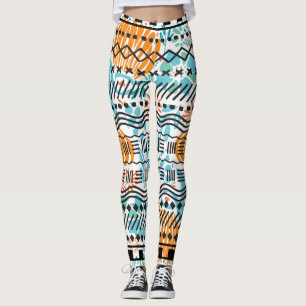 Aztec Abstract Floral CORAL MINT Black Pattern Leggings