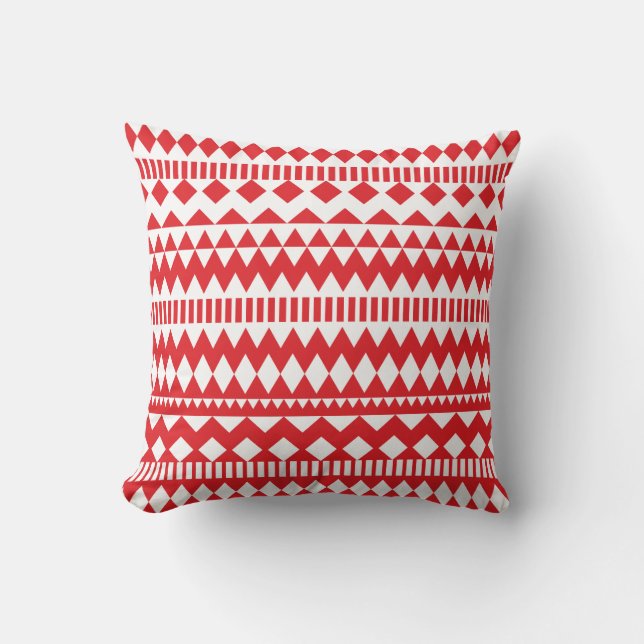 Aztec Andes Red White Tribal Geometric Pattern Throw Pillow (Front)