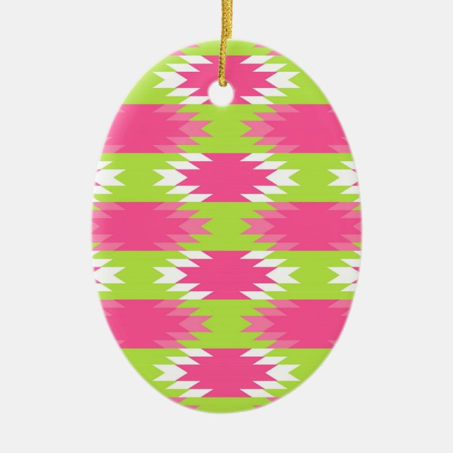 Aztec Andes Tribal Hot Pink Lime Green Pattern Ceramic Ornament (Front)