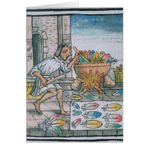 Aztec artisans dyeing feathers
