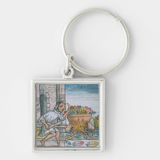 Aztec artisans dyeing feathers keychain (Front)