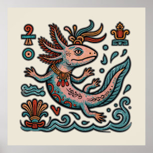 Aztec Axolotl Xolotl eroded stone tribal boho art Poster