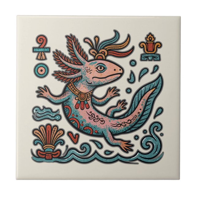 Aztec Axolotl Xolotl eroded stone tribal boho art Tile (Front)
