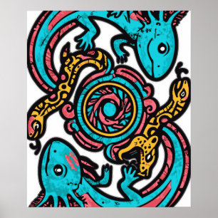 Aztec Axolotl Xolotl gods fight pink blue vintage Poster