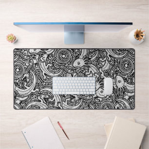 Aztec Axolotl Xolotl Tribal Pattern Black & White Desk Mat