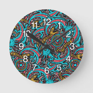 Aztec Axolotl Xolotl Tribal Pattern mythology boho Round Clock