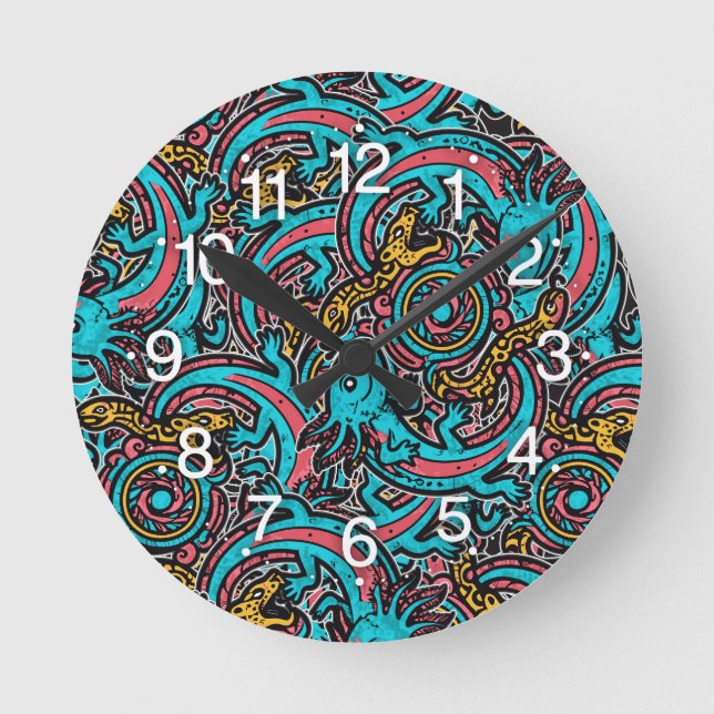 Aztec Axolotl Xolotl Tribal Pattern mythology boho Round Clock (Front)